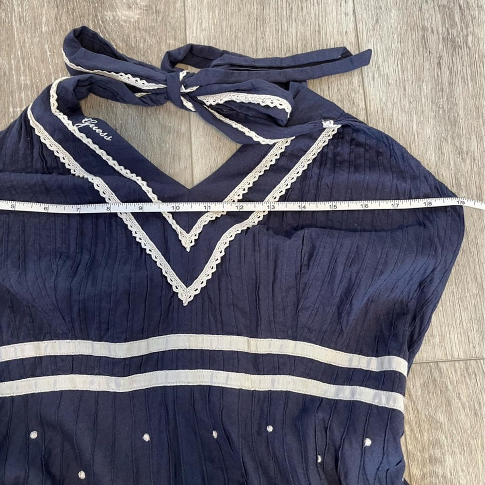 GUESS Retro Halter Midi Dress Navy Cotton With Cream Crochet and Embroidery Trim - Picture 12 of 12